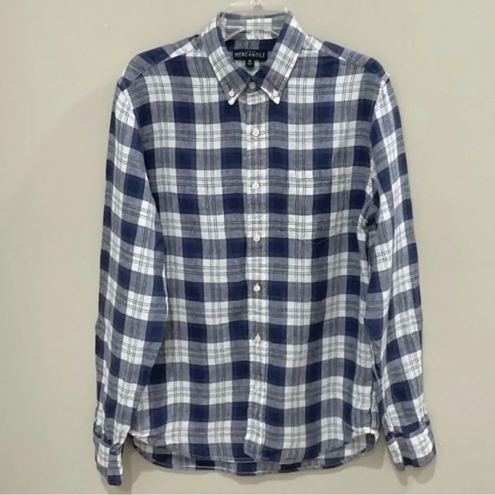 J. Crew Mercantile Linen Shirt Red White & Blue Plaid Men's Sz Med Button Front